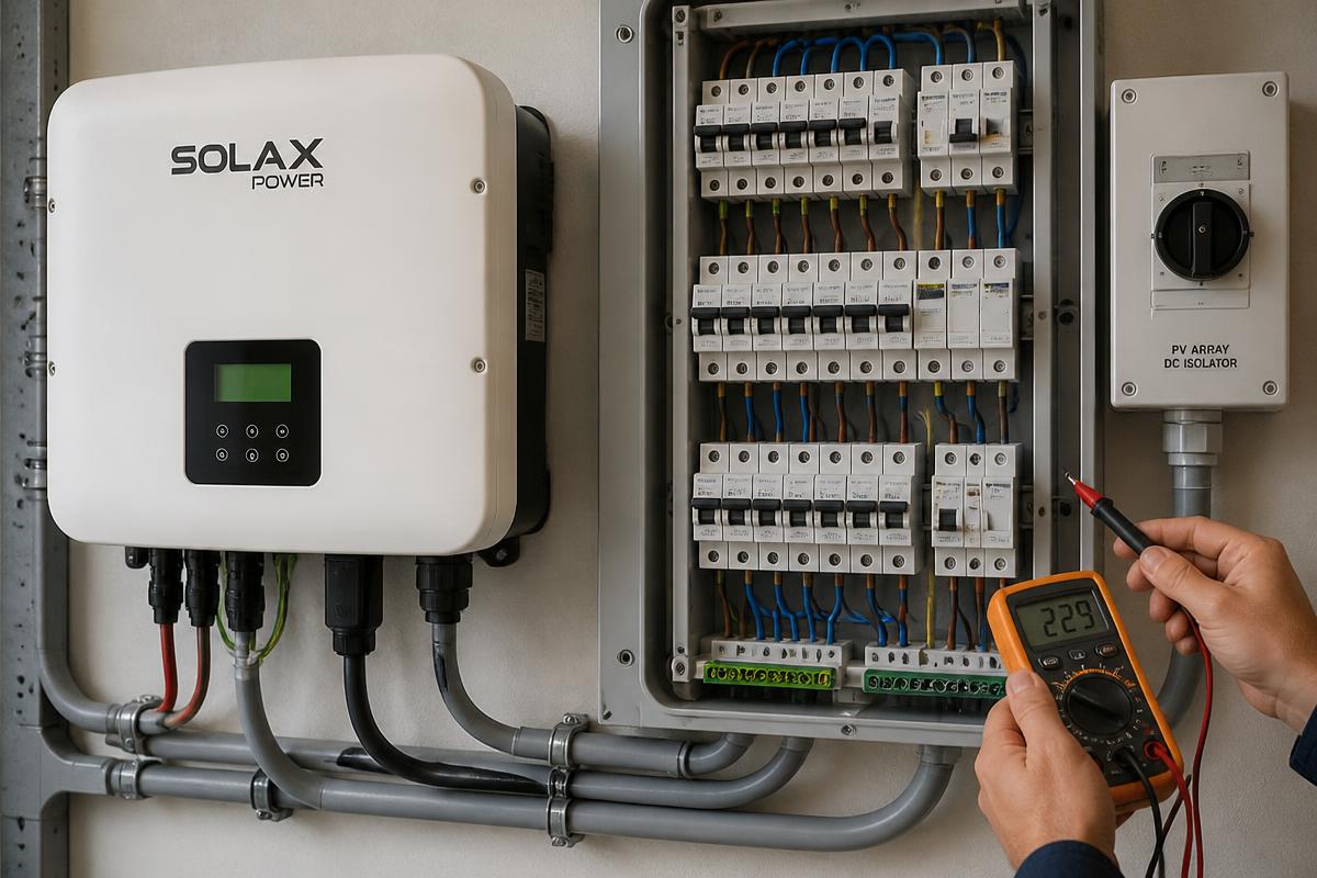 Technician testing a solar inverter and distribution panel