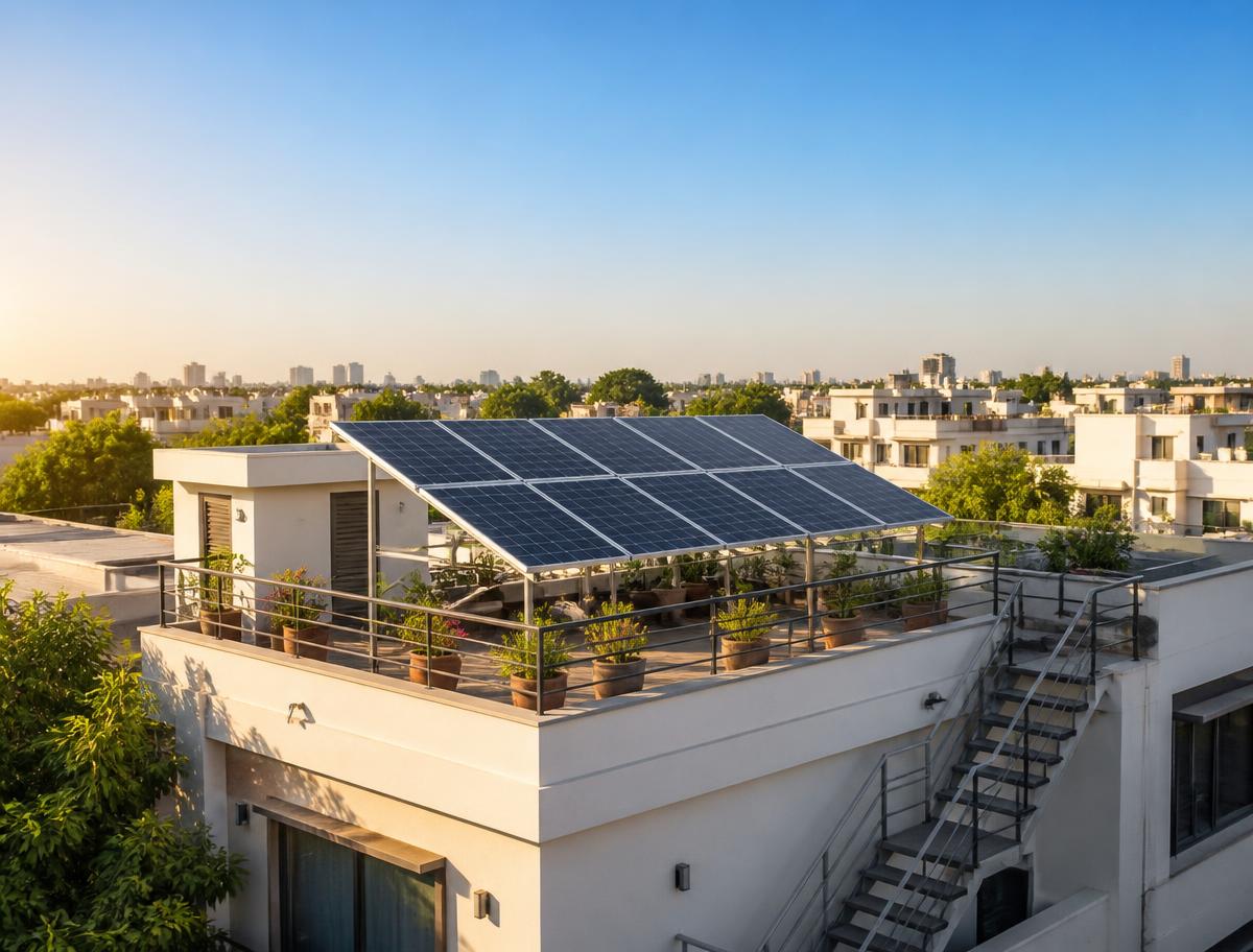 Rooftop solar panels installed on an Indian home terrace