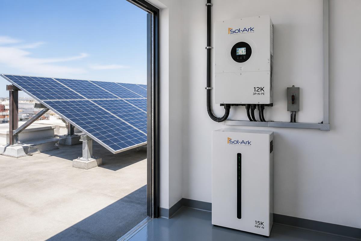 Hybrid solar system with rooftop panels, inverter and lithium battery bank