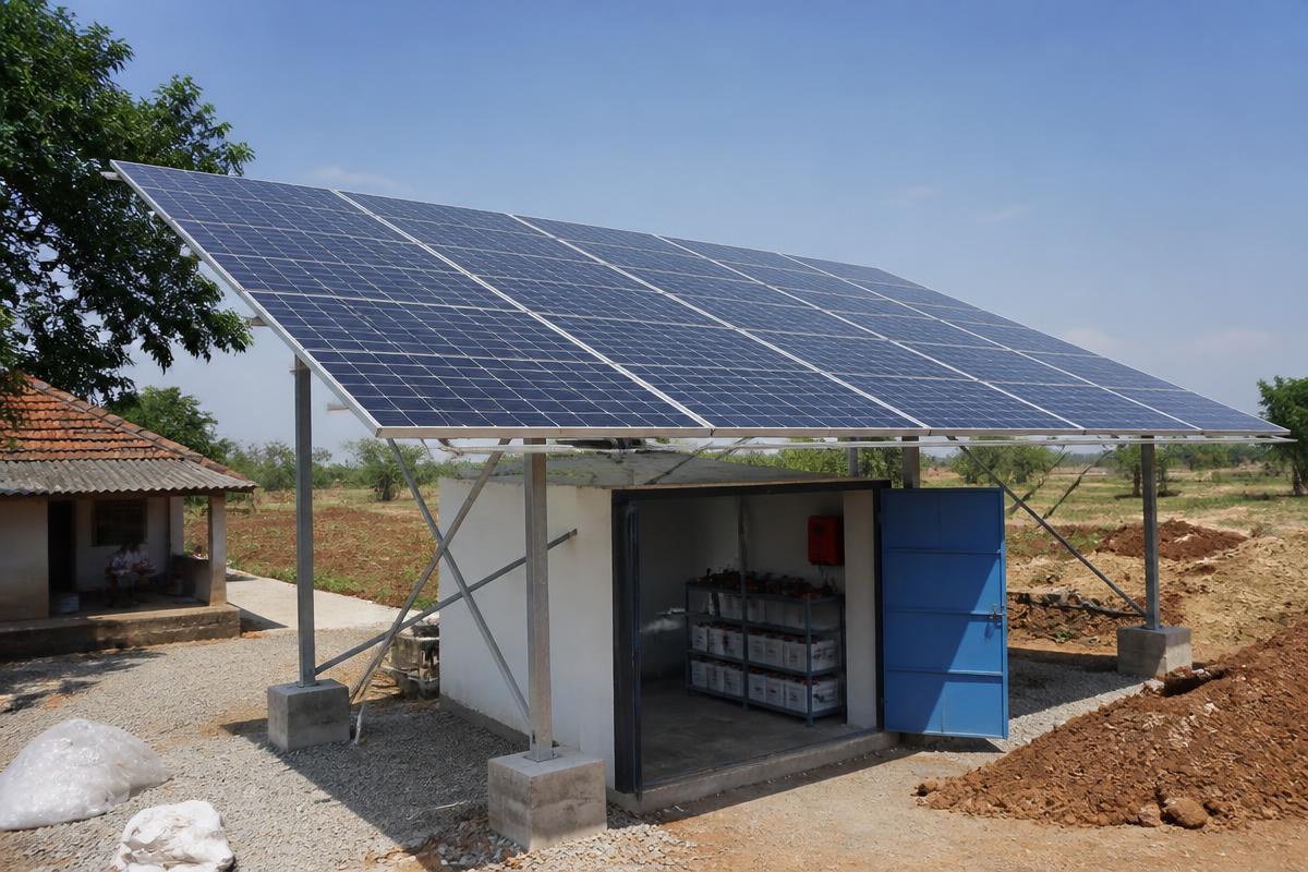 Off-grid solar installation with battery storage at a standalone farmhouse